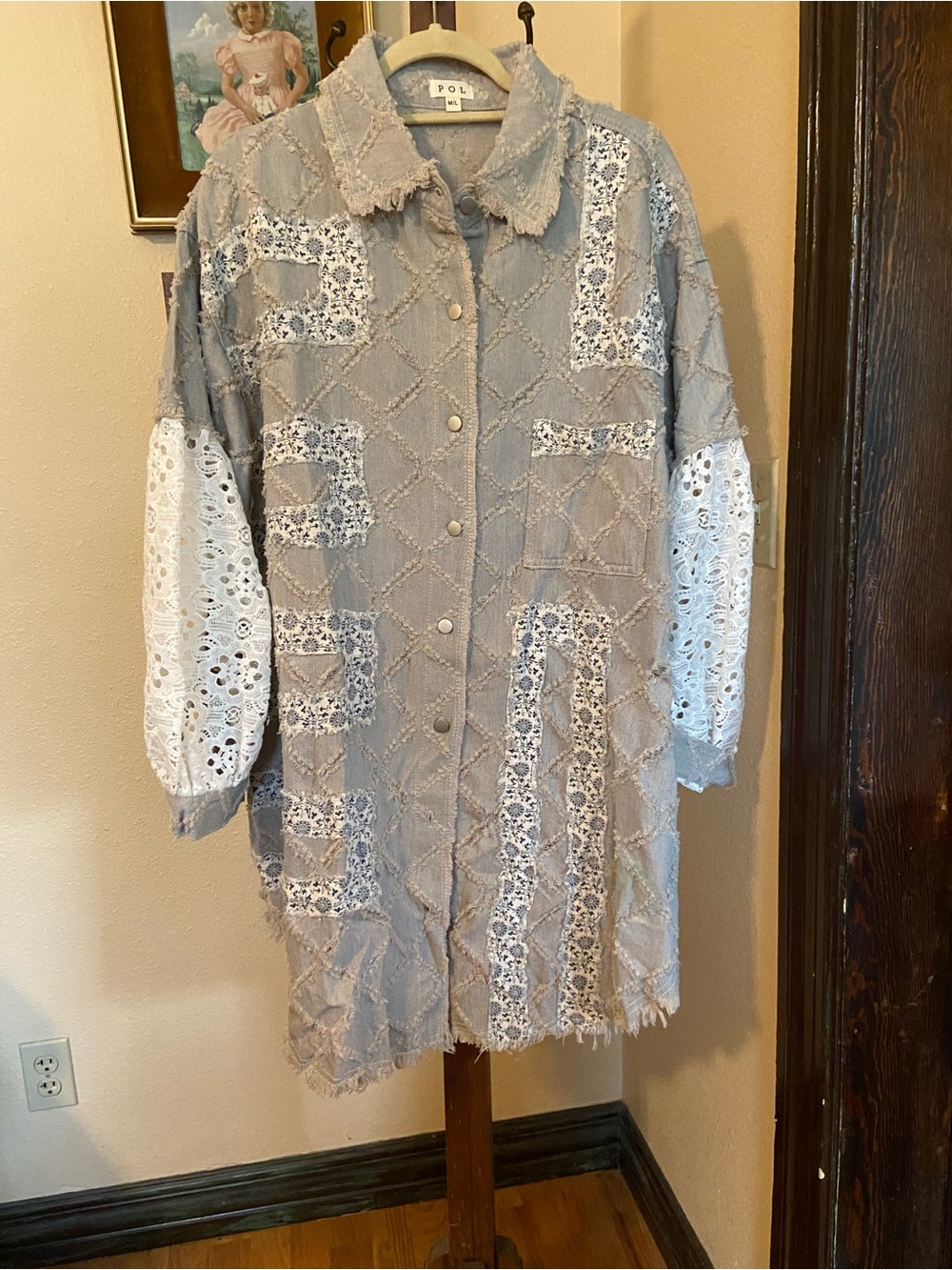 POL Patchwork Lace-Trim Light weight Coat Jacket- Lt Blue & White